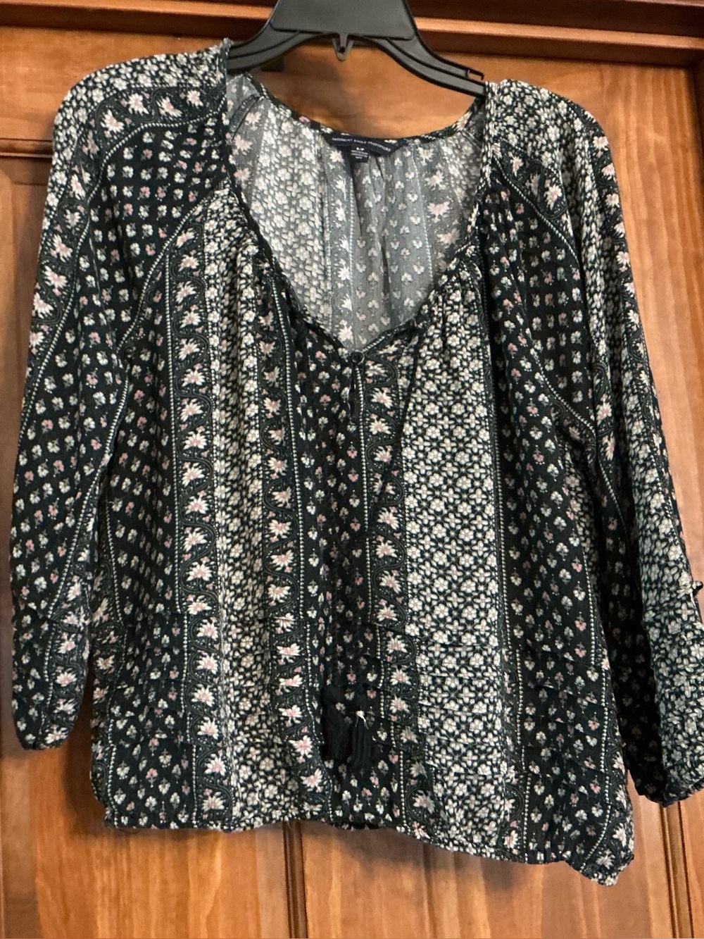 American Eagle Outfitters Black Floral Peasant Tunic with Pink Accents